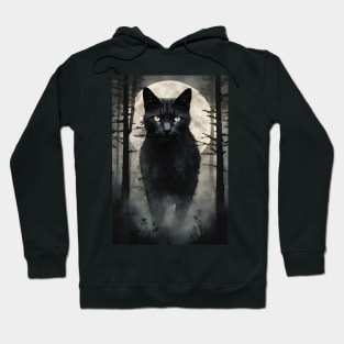 Black Cat in the Foggy Forest Vintage Art Hoodie